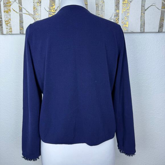J McLaughlin Marie Cardigan Open Front Fringed Cotton Navy Blue Large - Picture 5 of 7